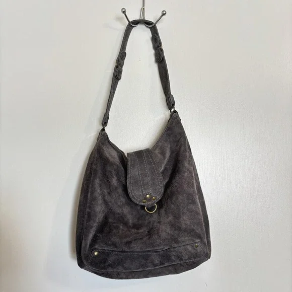 Y2K ABACO Paris Genuine Grey Suede Leather Shoulder Bag With Rivets 90's Hobo - Picture 9 of 9